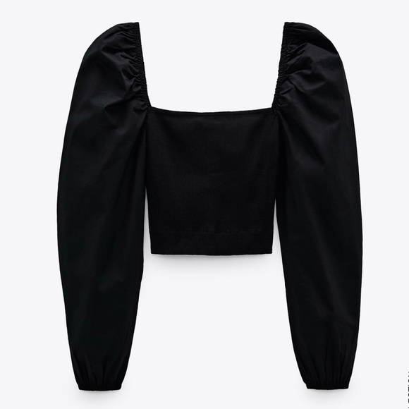 NWT BLACK SQUARE OFF SHOULDER BUTTON CROP TOP W LONG SLEEVES SZ SMALL - Picture 2 of 3